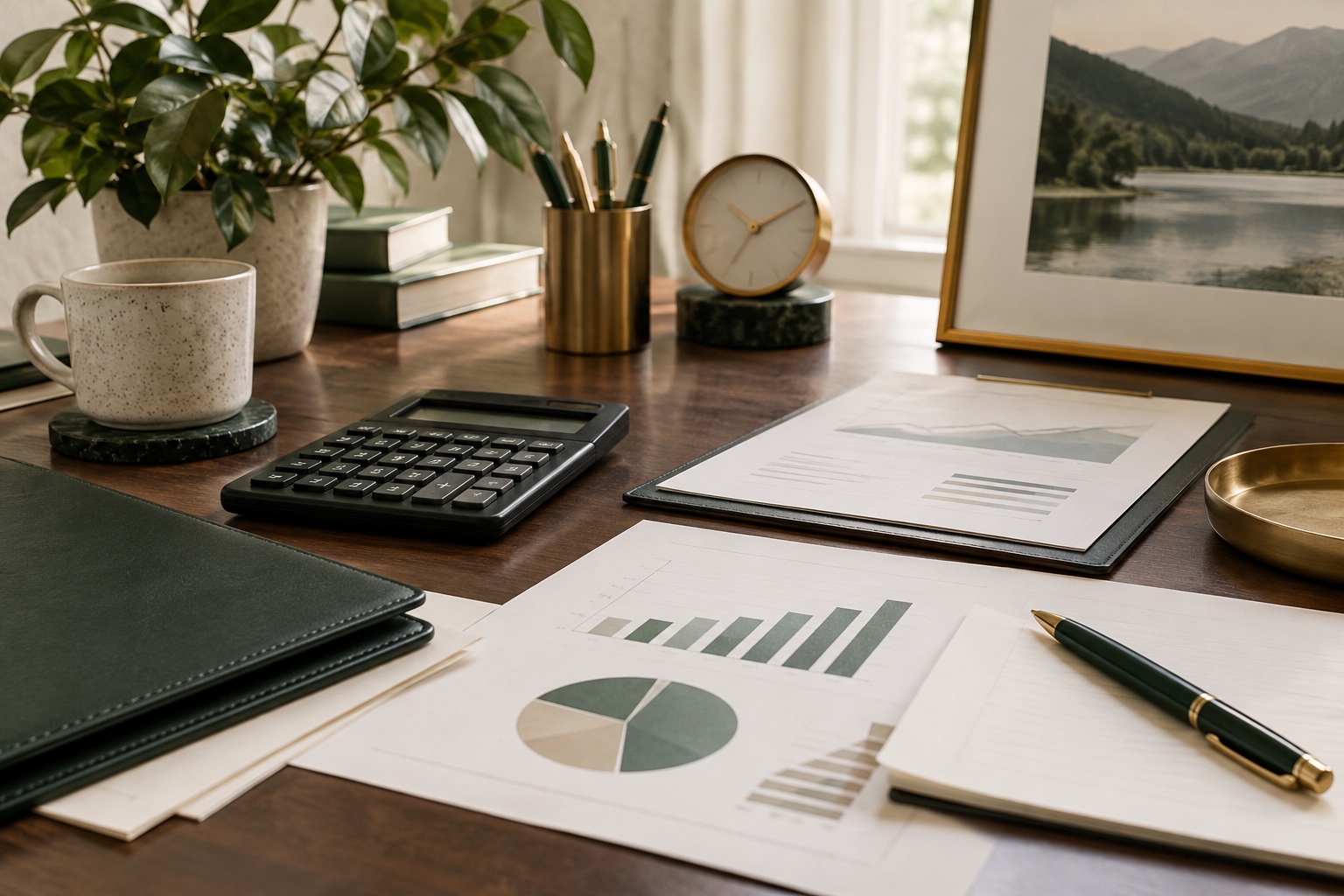 Retirement planning materials arranged with a calculator and financial charts
