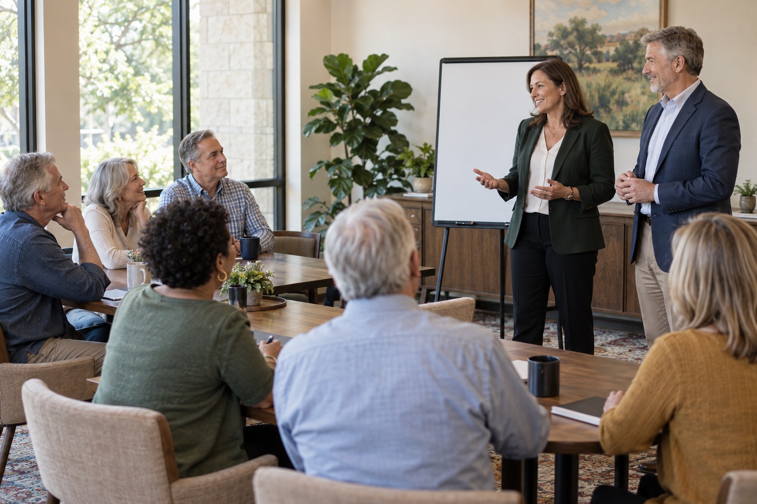 Two professionals leading an educational roundtable for adults approaching retirement