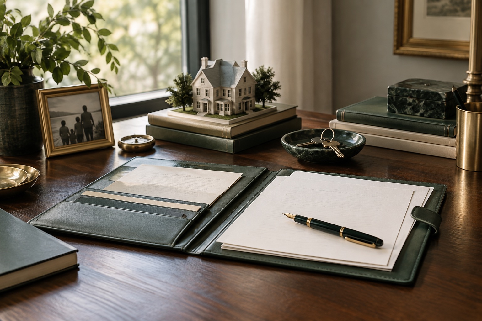 Estate planning portfolio arranged with a home model and family photograph