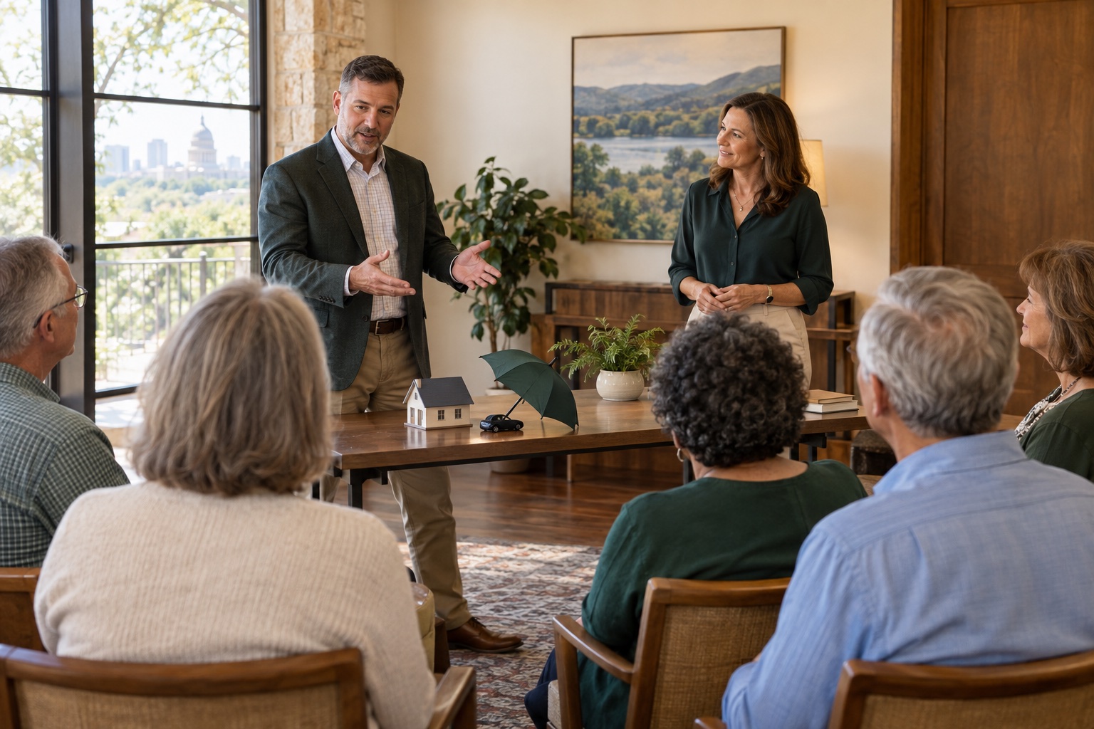 Two professionals leading a small educational session for adults approaching retirement