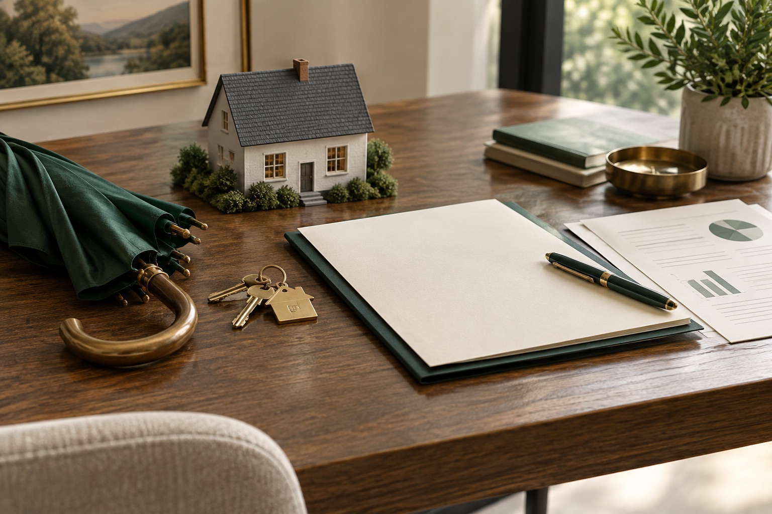 Home model, umbrella, keys, and financial planning materials