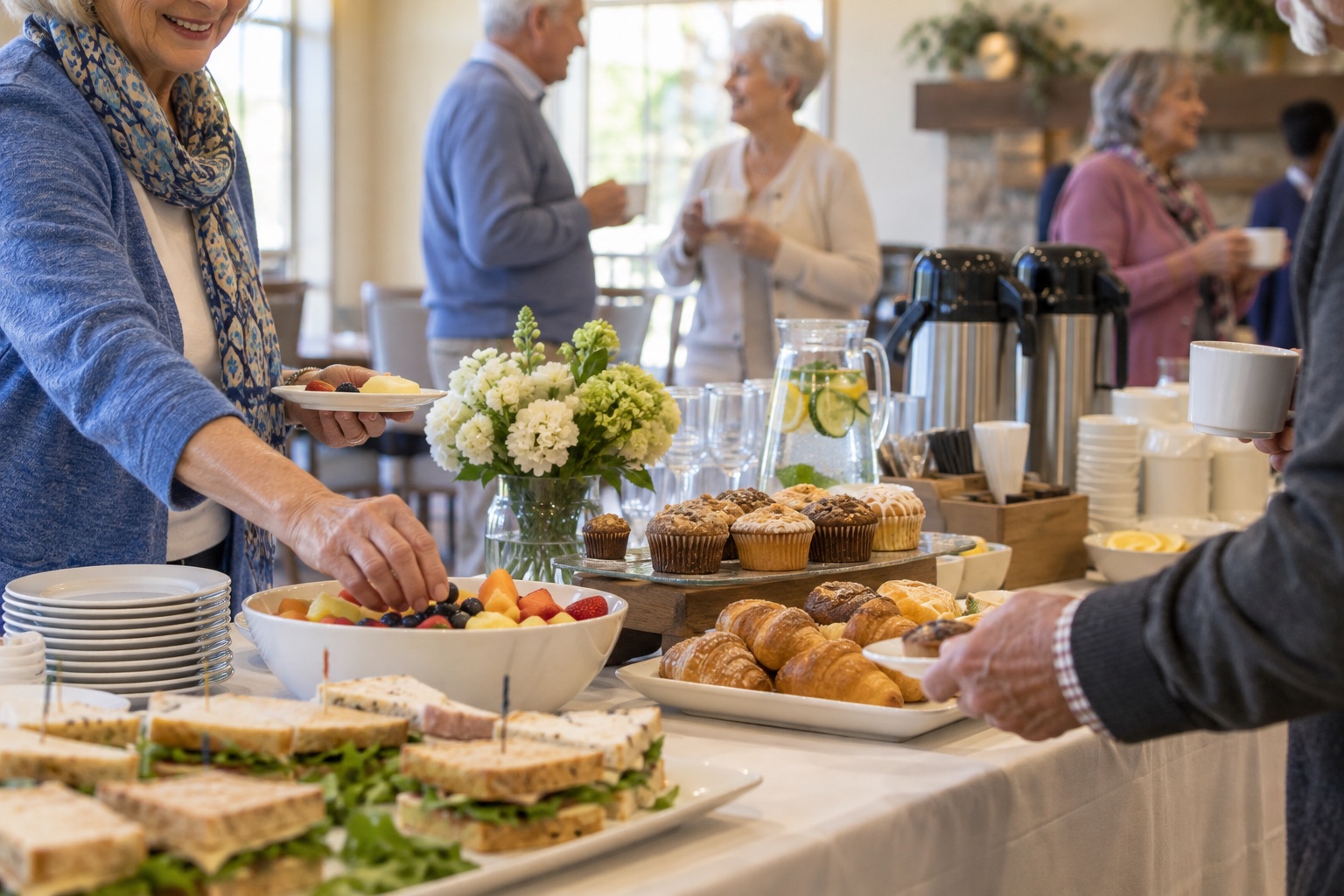 Coffee, water, fruit, sandwiches, and pastries prepared for a community educational event