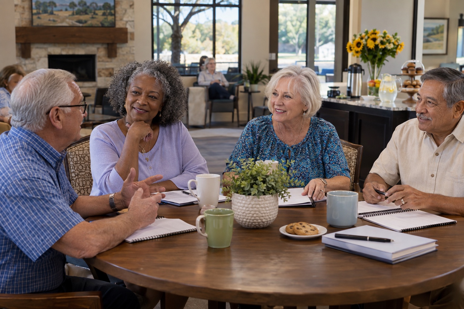 Adults age 55 and older talking together around a community clubhouse table