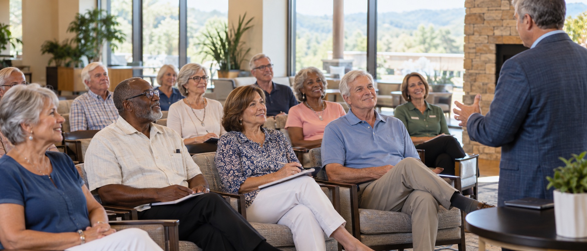 Adults age 55 and older listening to an educational presenter in a community clubhouse