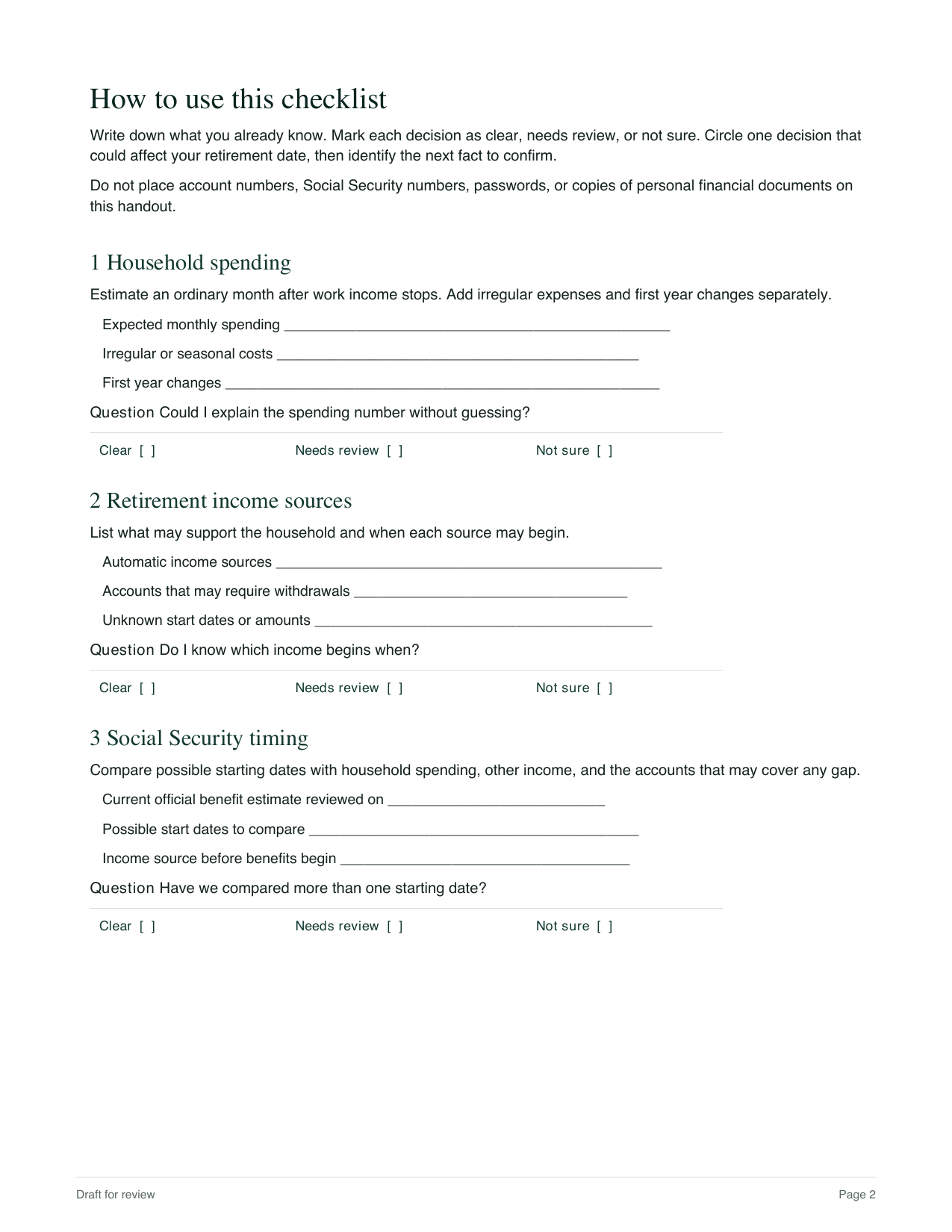 Preview of the Retirement Paycheck attendee checklist covering household spending, income sources, and Social Security timing