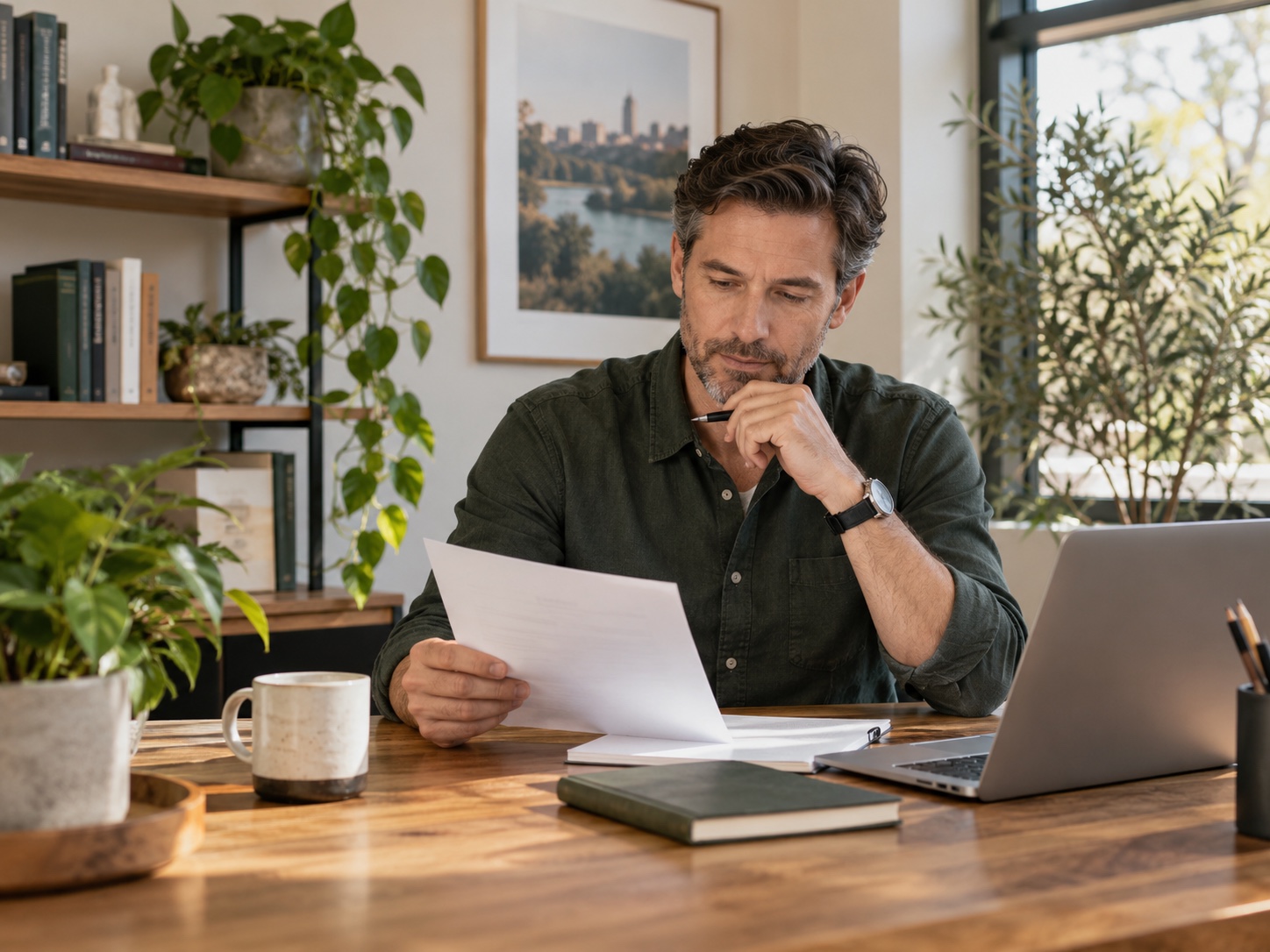A fictional business owner reviewing financial information in a local office