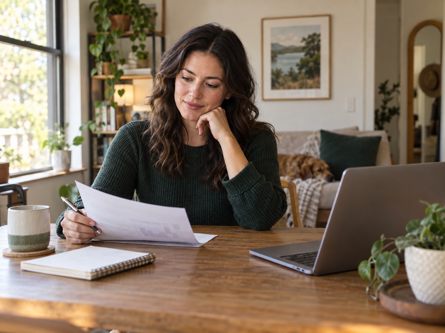 A fictional young professional considering workplace savings at a home desk