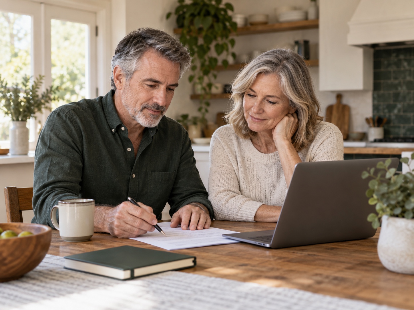 A fictional couple nearing retirement reviewing their financial information at home